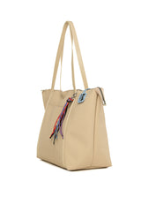 Krem Renkli Püskül Detaylı Saten Tote Çanta