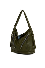 Haki Yumuşak Dokulu Çift Çapraz Fermuarlı Askılı ve Sır