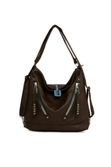 Kahverengi Yumuşak Dokulu Çift Çapraz Fermuarlı Askılı ve Sır