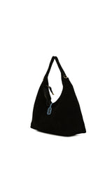 Siyah Hakiki Süet Deri Mini Salaş Omuz Çantası