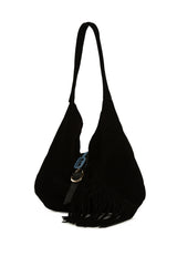 Siyah Hakiki Süet Deri Tokalı Püsküllü Büyük Salaş Çanta