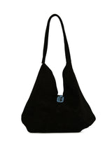 Siyah Hakiki Süet Deri Tokalı Püsküllü Büyük Salaş Çanta