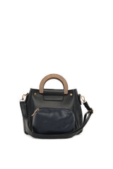 Lacivert Oval Ahşap Saplı Mini Çanta