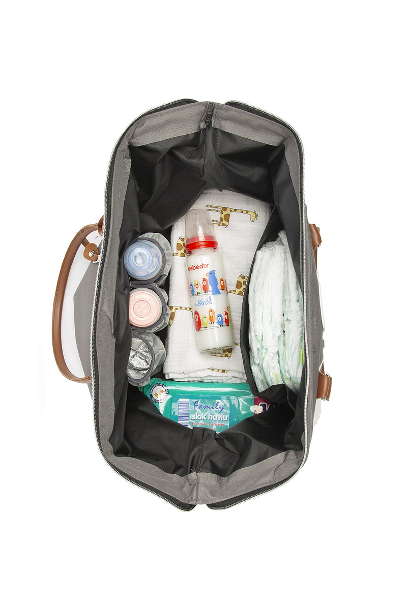 Gri Baby Bag Baskılı Garnili Anne Bebek Çantası