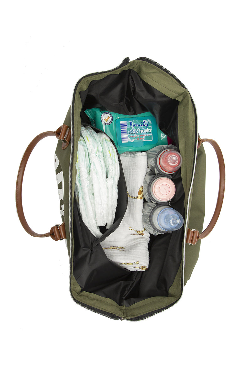 Haki Baby Bag Baskılı Garnili Anne Bebek Çantası