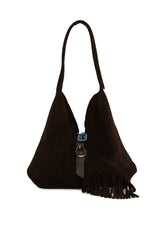 Kahverengi Hakiki Süet Deri Tokalı Püsküllü Büyük Salaş Çanta