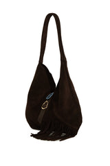 Kahverengi Hakiki Süet Deri Tokalı Püsküllü Büyük Salaş Çanta