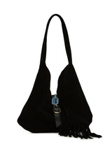 Siyah Hakiki Süet Deri Tokalı Püsküllü Büyük Salaş Çanta