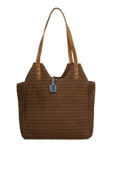 Kahverengi Deri Askılı Büyük Tote Hasır Çanta