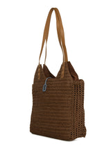 Kahverengi Deri Askılı Büyük Tote Hasır Çanta