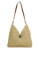 Krem Deri Askılı Örgülü Hasır Çanta