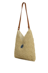 Krem Deri Askılı Örgülü Hasır Çanta