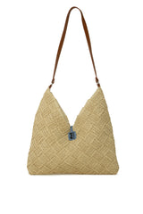 Krem Deri Askılı Örgülü Hasır Çanta