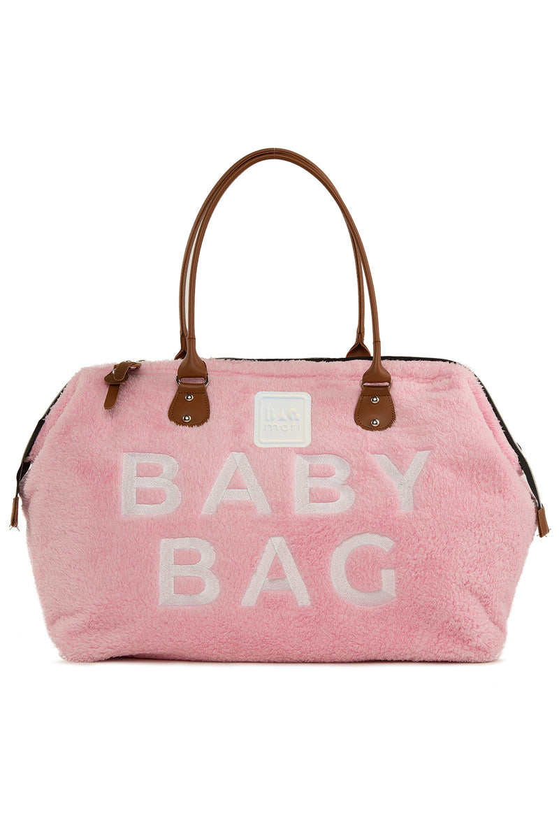 Pembe Baby Bag Nakışlı Peluş Anne Bebek Çantası