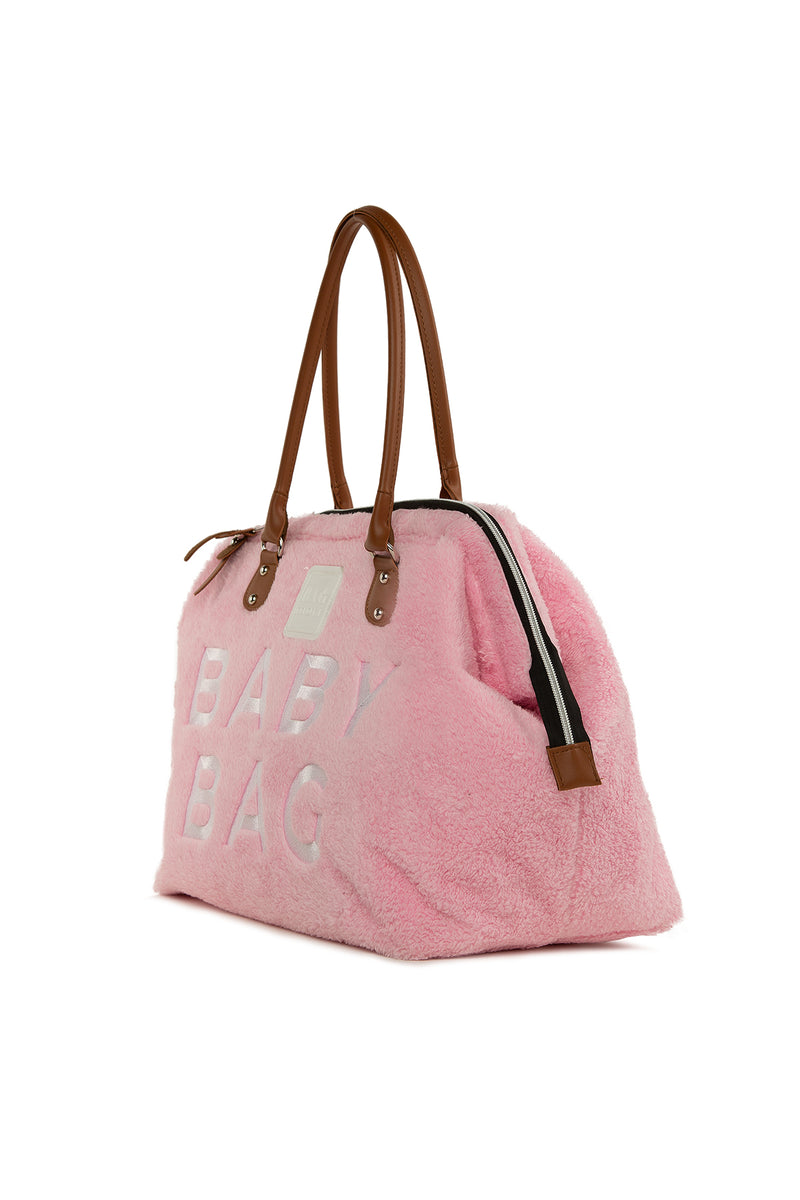 Pembe Baby Bag Nakışlı Peluş Anne Bebek Çantası