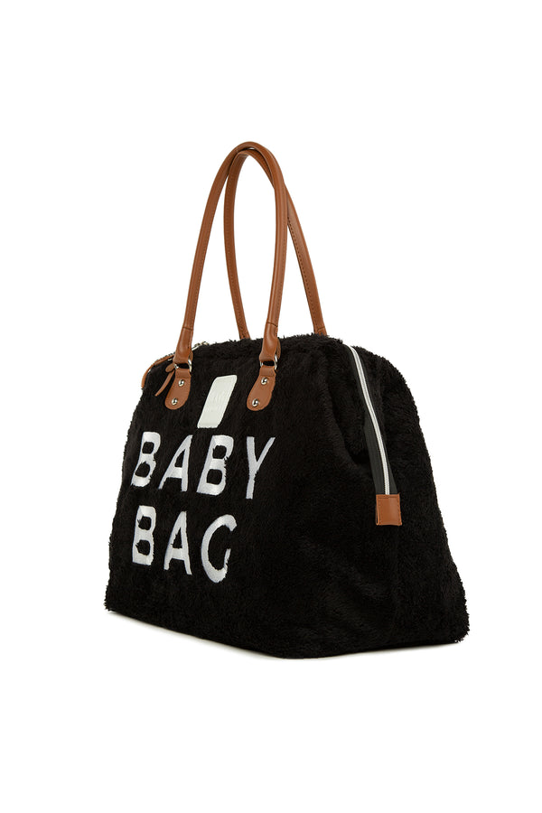 Siyah Baby Bag Nakışlı Peluş Anne Bebek Çantası