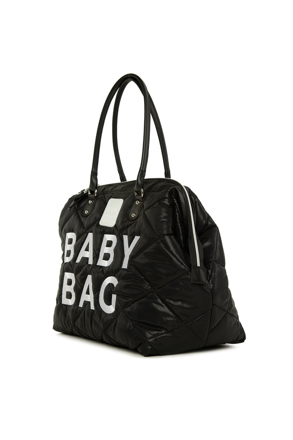 Siyah Baby Bag Nakışlı Kapitone Şişme Anne Bebek Çantası