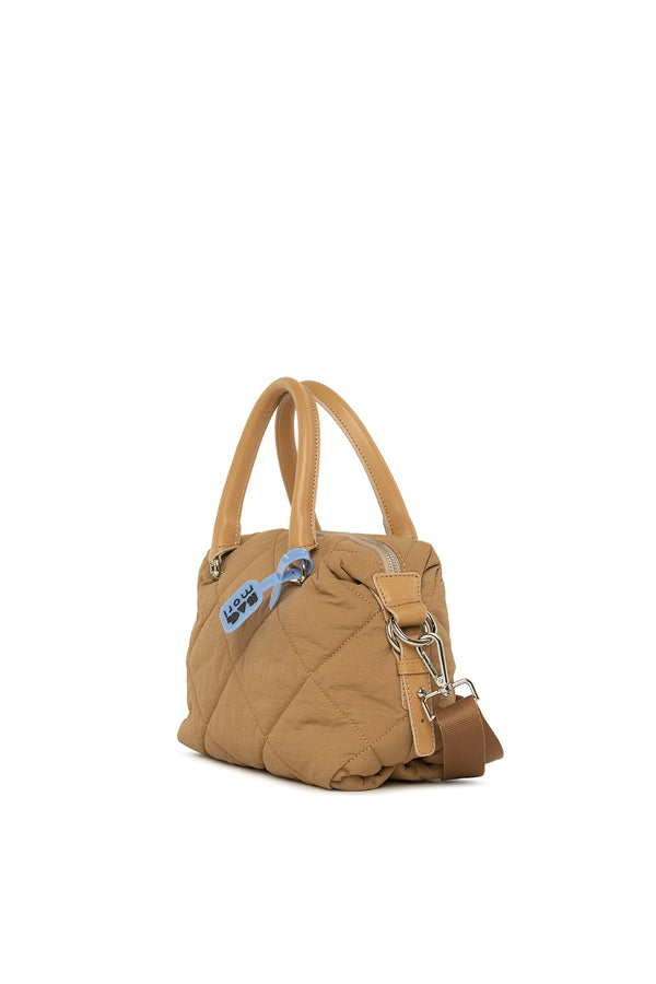 Camel Şişme Kumaş Deri Askılı Mini Çanta