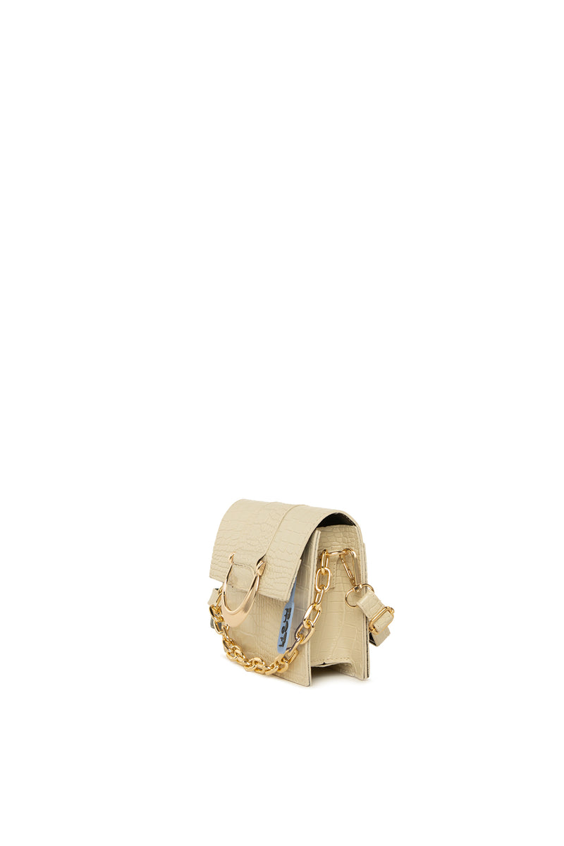 Krem Oval Aksesuarlı Kroko Kutu Mini Çanta