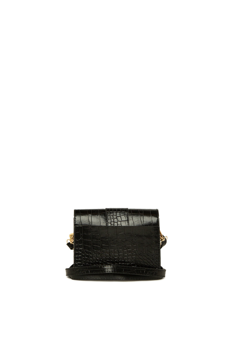 Siyah Oval Aksesuarlı Kroko Kutu Mini Çanta