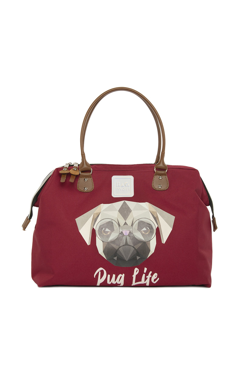 Bordo Pug Baskılı Omuz Askılı Çanta