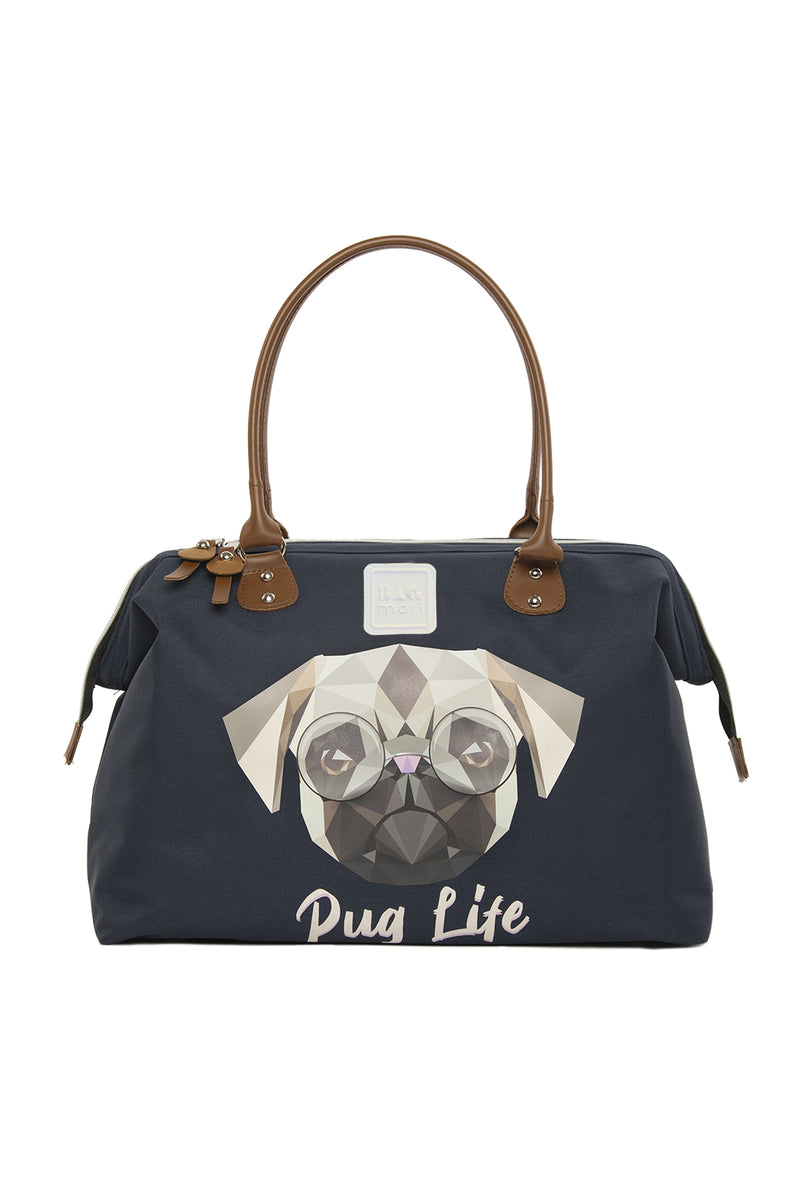 Lacivert Pug Baskılı Omuz Askılı Çanta