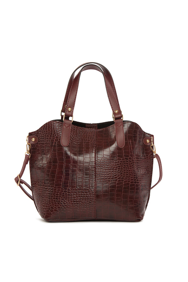 Bordo Kroko Üç Bölmeli Çıtçıtlı Çanta