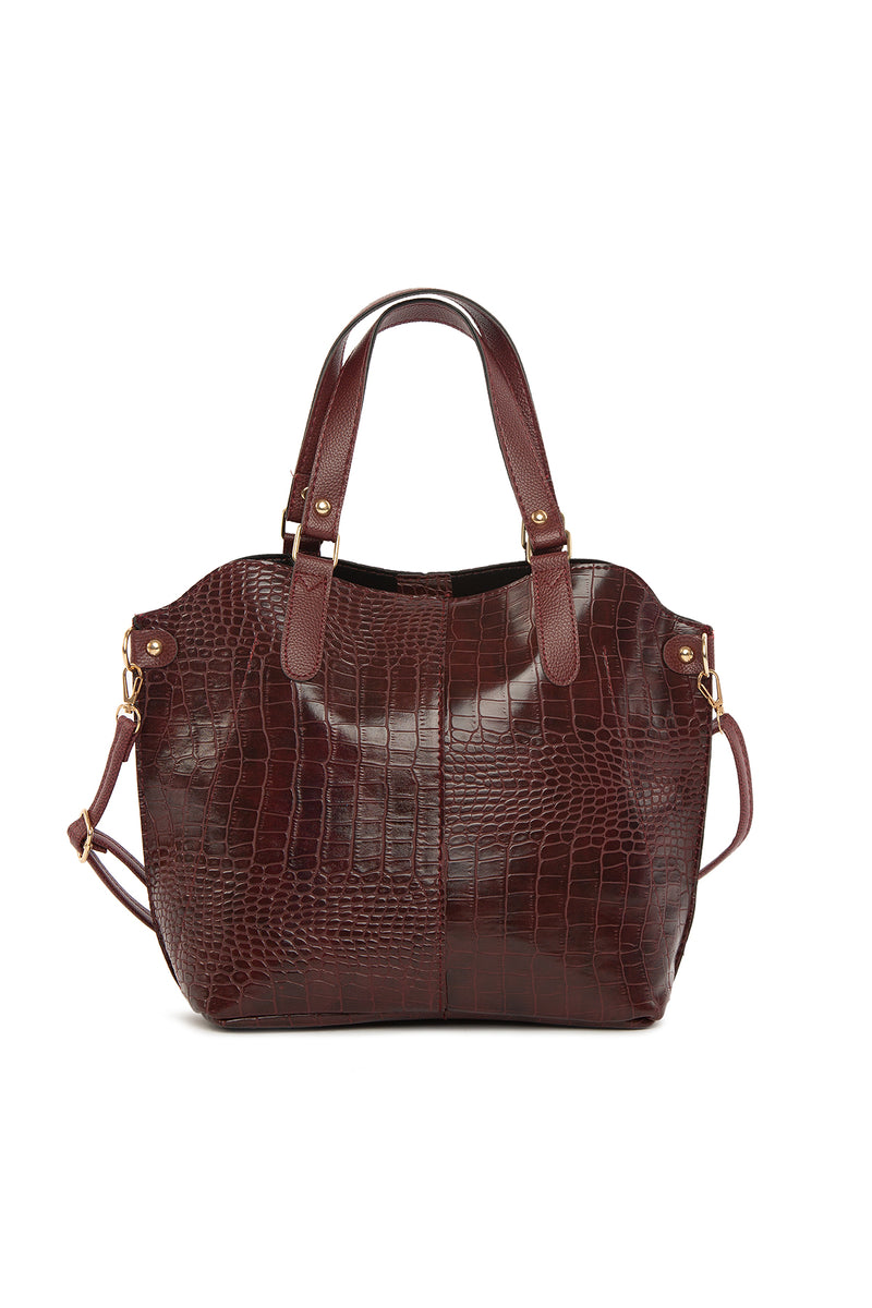 Bordo Kroko Üç Bölmeli Çıtçıtlı Çanta