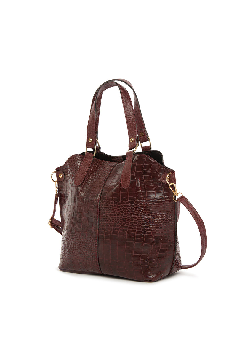 Bordo Kroko Üç Bölmeli Çıtçıtlı Çanta