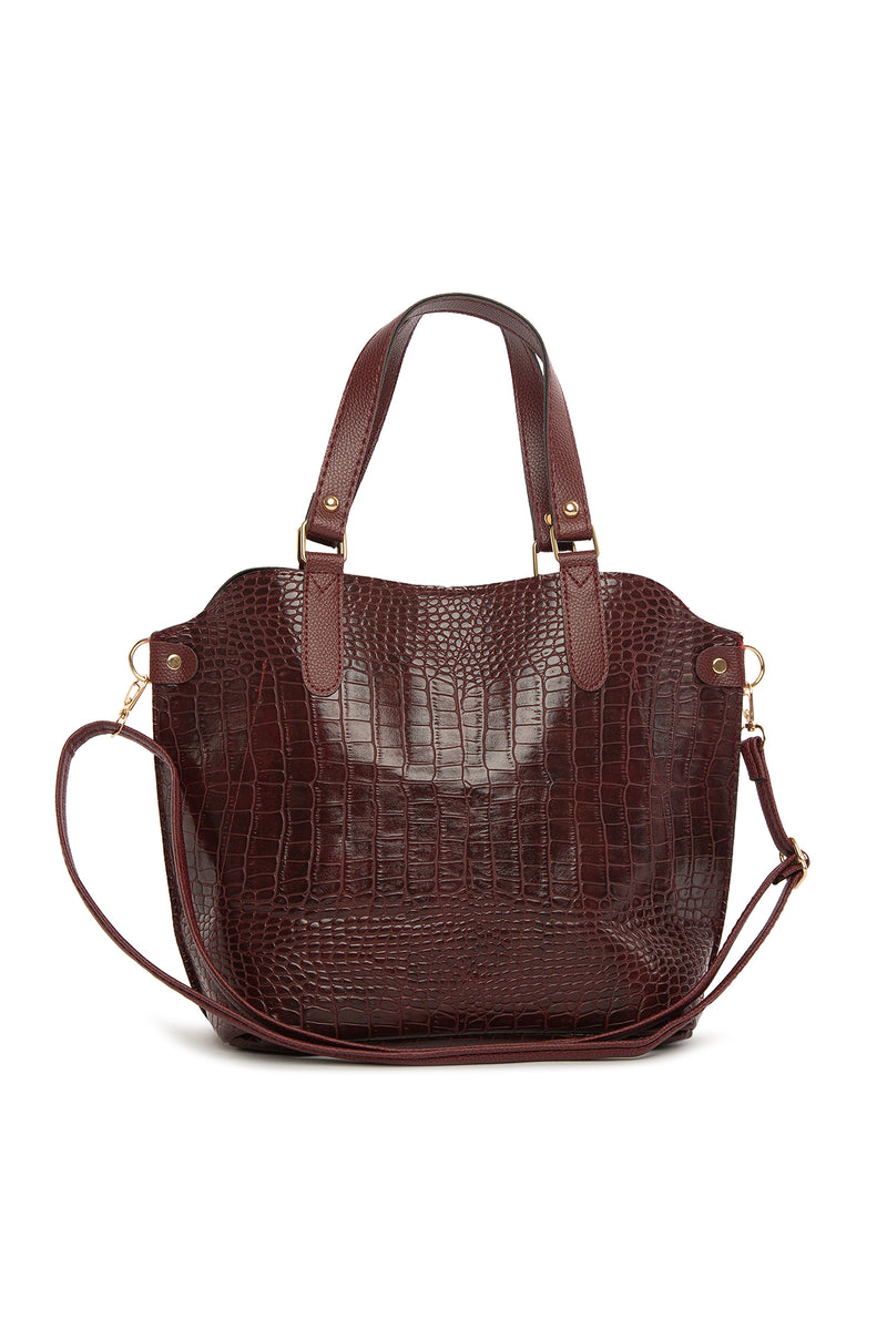 Bordo Kroko Üç Bölmeli Çıtçıtlı Çanta